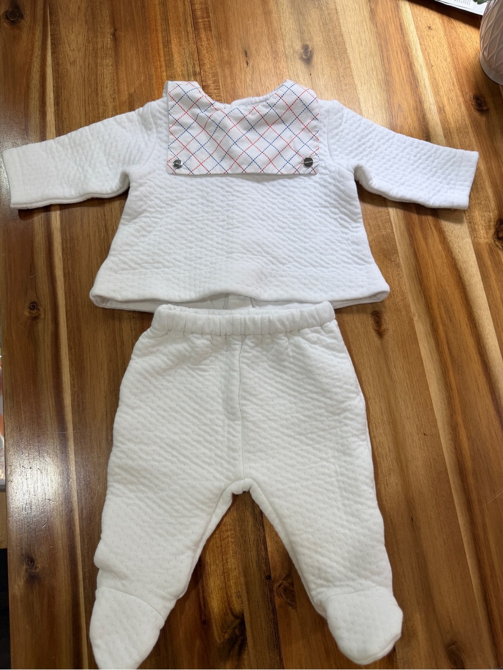 JACADI PARIS White Quilted Baby Two-Piece Set with Plaid Bib Detail